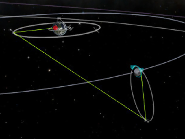 A relay sends a transmission from the far side of the Mun towards Kerbin